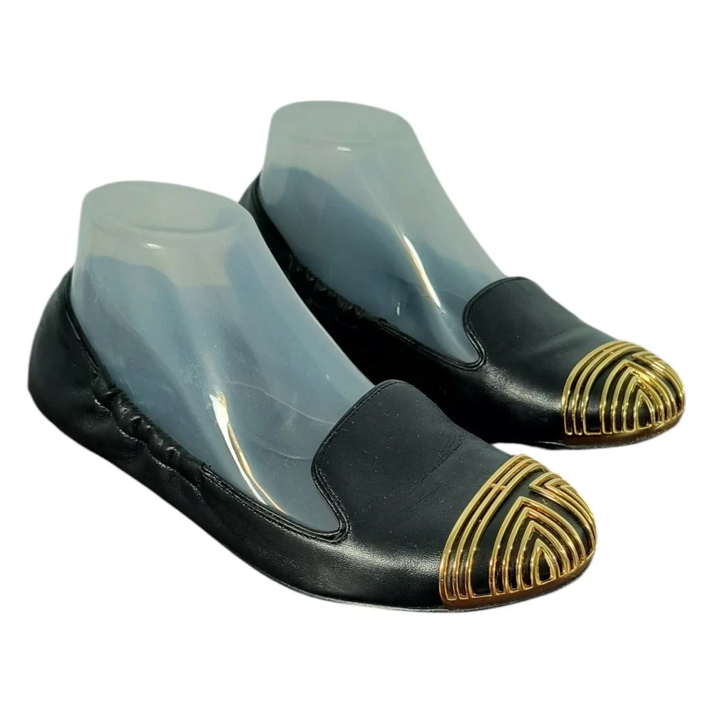 Tory Burch Charlee Black Leather Gold Toe Ballet Flat Shoes Size 7.5 Slip On
